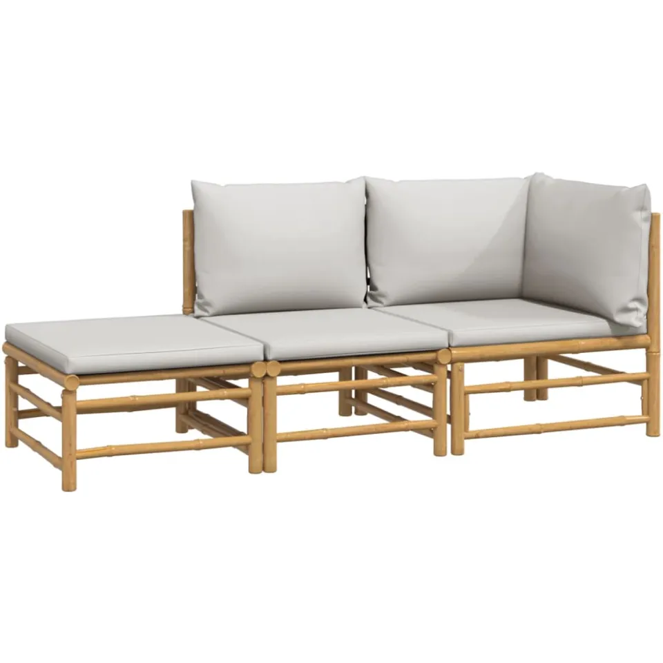 vidaXL 3-delige Loungeset met kussens bamboe lichtgrijs Bruin