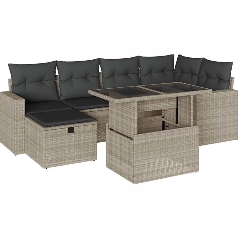 vidaXL 7-delige Loungeset met kussens poly rattan lichtgrijs grijs, foto 3