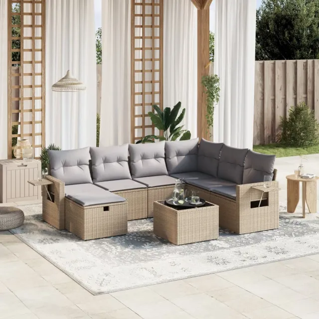 vidaXL 8-delige Loungeset met kussens poly rattan gemengd beige, foto 2