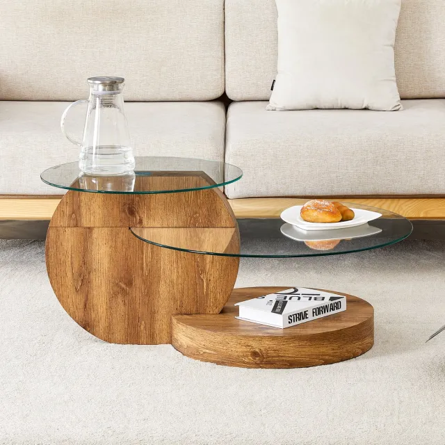 DESMIU Salontafel - Modern Minimalistisch Ontwerp Met Gehard Glas En Houtstructuur - Voor Woonkamer En Interieur - MDF En Glas - Transparant En Hout - 49,8 Cm En 69,8 Cm