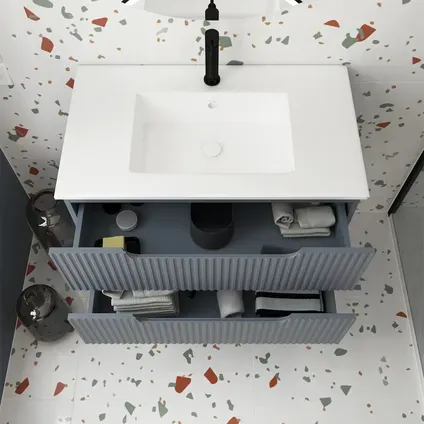 Aurlane Wastafelonderkast Emilien 50cm - Muizengrijs - Met 2 Lades - Met Mat Witte Wastafel, foto 4
