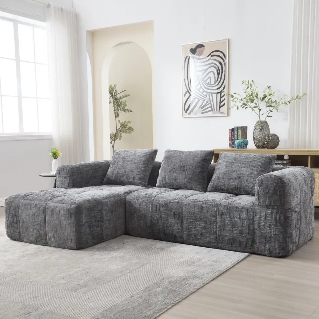 REDOM Hoekbank - 3-Zits Met Liggedeelte En Zijvakken - Chenille - Grijs - 250 x 158 x 60 cm
