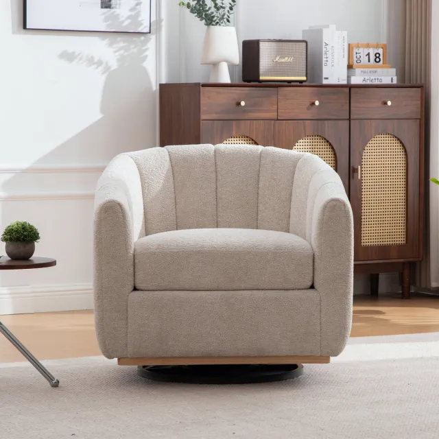 in& out door furniture Moderne chenille gepolsterte Hocker mit Metallfuß, 360° draaifunctie, gepolsterter Fass-Sessel met kwastjes versiering, pompoenvormige clubfauteuil voor woonkamer, familiekamer, slaapkamer, lounge, Beige