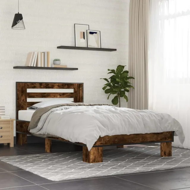 vidaXL Bedframe bewerkt hout en metaal gerookt eikenkleurig 90x190 cm