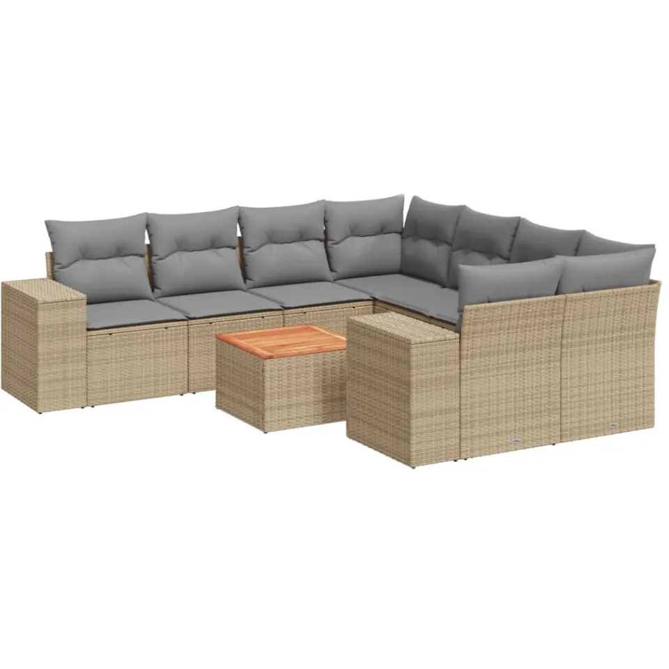vidaXL 9-delige Loungeset met kussens poly rattan beige