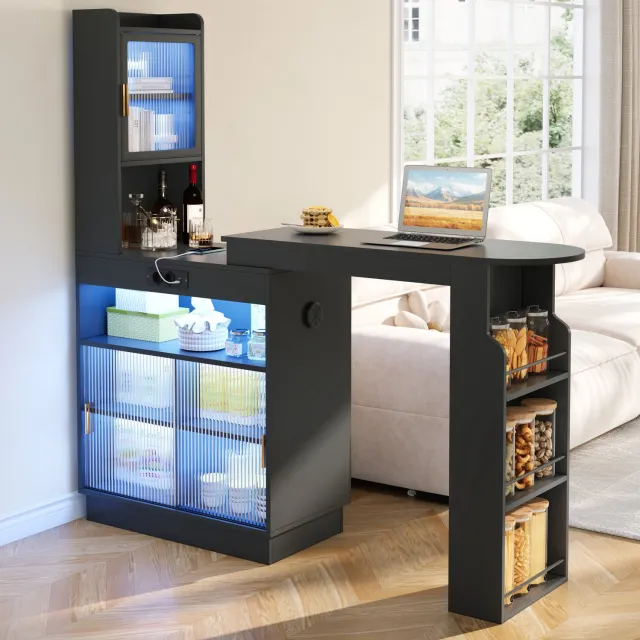 HAUSS SPOLE Bartafel - Uitschuifbaar Met Opbergruimte En Verlichting - Voor Keuken En Kleine Ruimtes - MDF - Zwart - 131 Tot 170 X 40 X 170 Cm