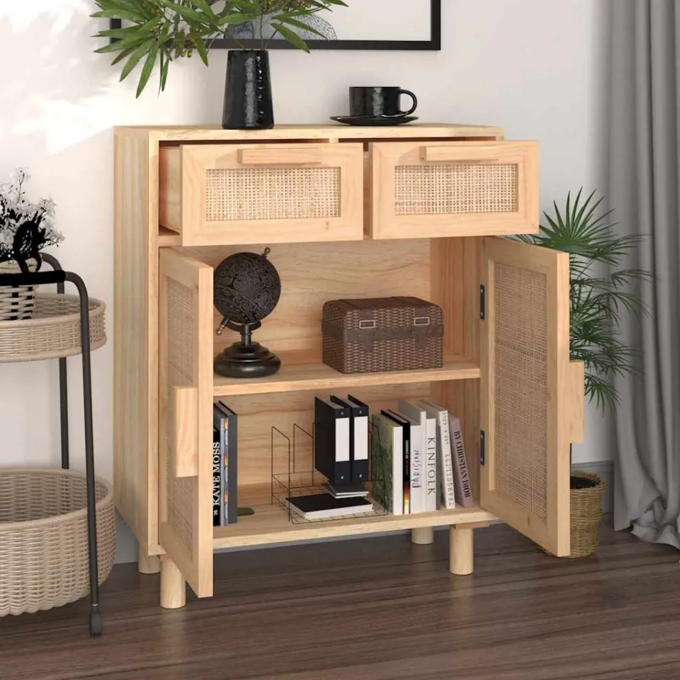 vidaXL Dressoir 60x30x75 cm massief grenenhout en rattan bruin, foto 2