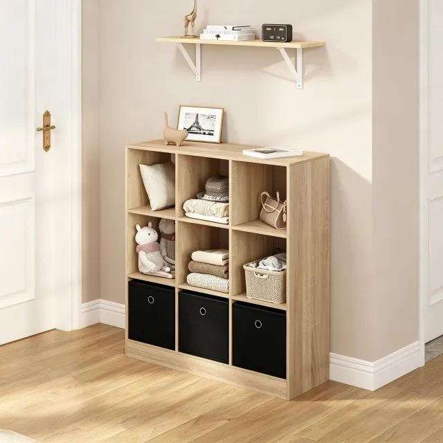 CHICFURN Boekenkast 80 cm - Opbergruimte - 3 stoffen lades - Vrijstaand - Woonkamer - Hout - Licht eiken zwart