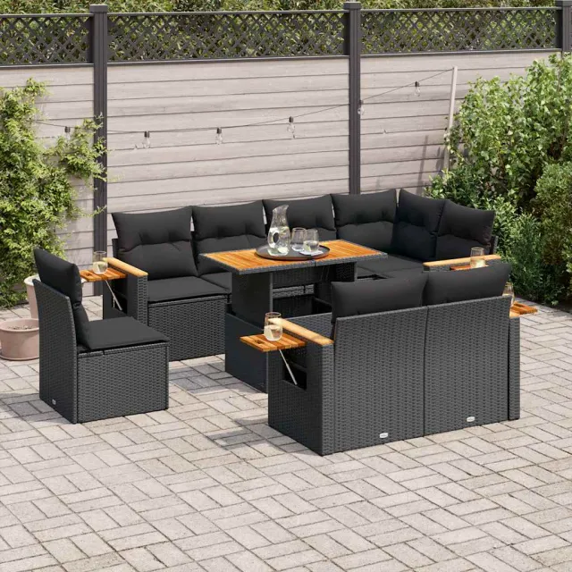 vidaXL 9-delige Loungeset met kussens poly rattan acacia zwart, foto 2