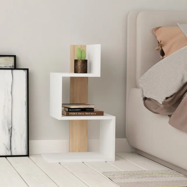 Bliss Skye Decor, Bijzettafel, Rosie - White, Oak, Gemelamineerde spaanplaat, Wit & Eiken, 42 x 30 x 72 cm