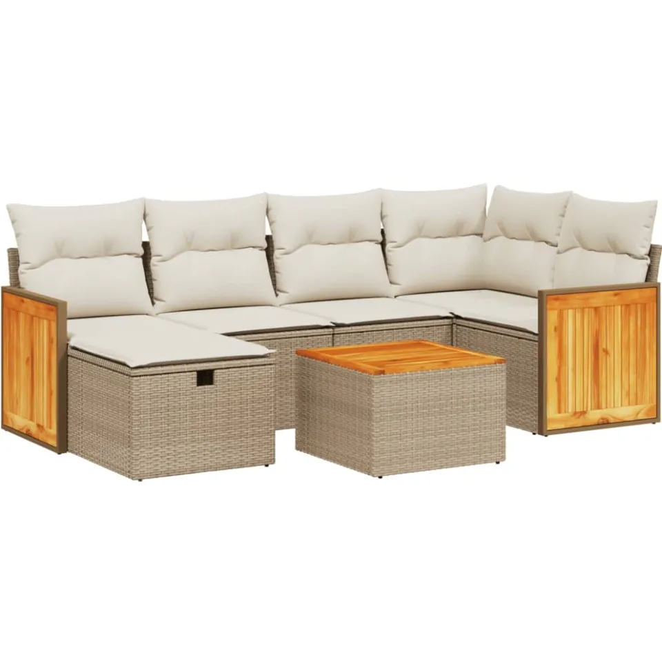 vidaXL 7-delige Loungeset met kussens poly rattan beige, foto 3