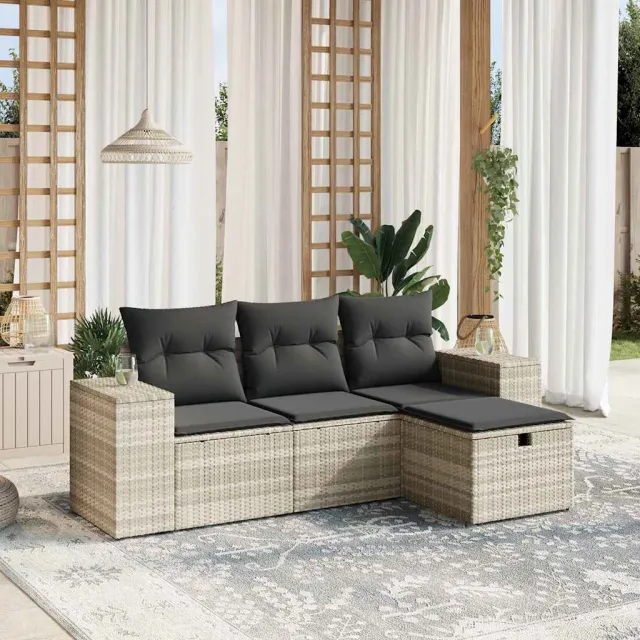 vidaXL 4-delige Loungeset met kussens poly rattan lichtgrijs grijs, foto 2