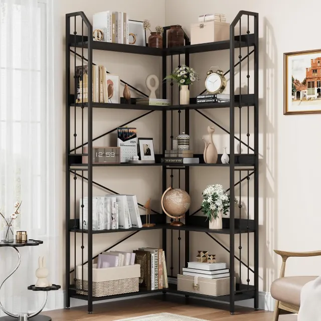 HOERFURIY Hoekboekenkast 5 planken 183 cm hoog, vrijstaand metaal rek voor woonkamer zwart