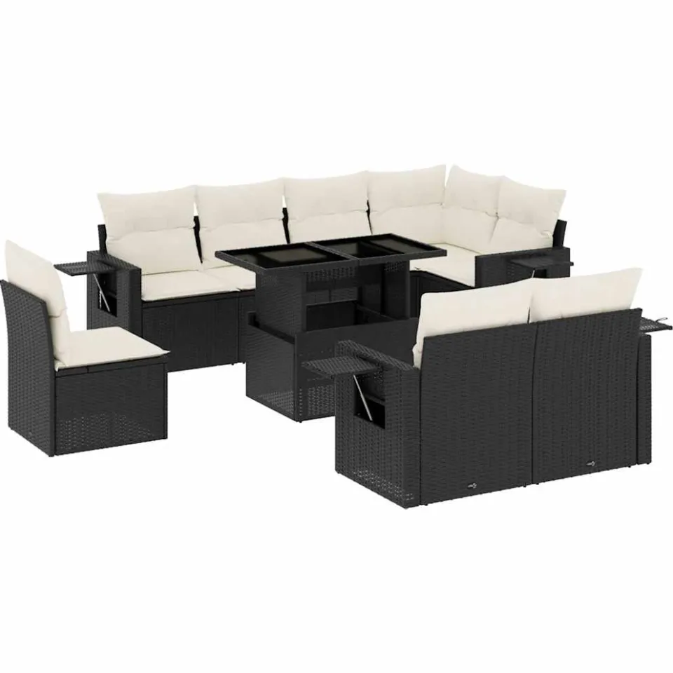 vidaXL 9-delige Loungeset met kussens poly rattan zwart