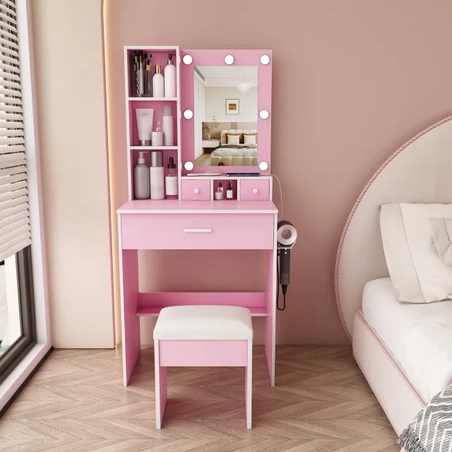 KOMHTOM Kaptafel met Spiegel - LED Verlichting - Stopcontact en Haardrogerhouder - Roze Gestoffeerde Kruk - 3 Lades - 60x131.5x38 cm