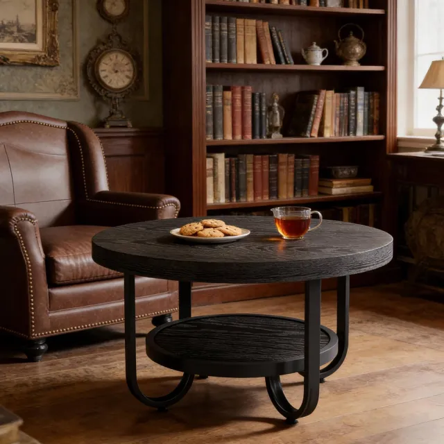 WUVRIE Ronde salontafel Ø 79,8 cm - 2 niveaus met onderblad en metalen poten - Zwart
