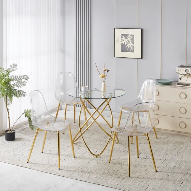 MODENUIT Eetkamerset 5-Delig - Tafel Met 4 Stoelen En Hoge Rugleuning - Voor Eetkamer - Metaal Fluweel Goud Gouden