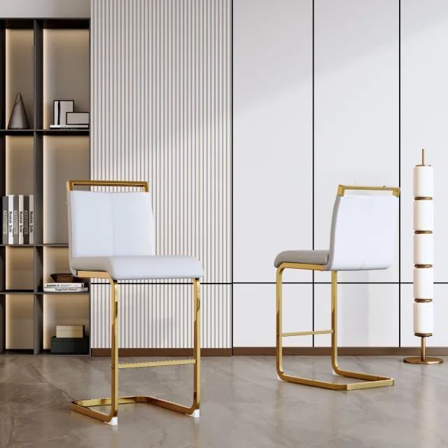 DantefHandels Barkrukken Set van 2, Scandinavische Stijl, Wit Kunstleer, Goudkleurige Metalen Poten, 96, 5 cm, Scandinavisch design, geschikt voor keuken, kookeiland, bartafel en café wit+gold
