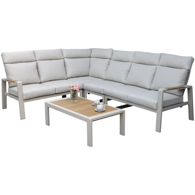 AVH-Collectie Ripasso hoek loungeset 5 delig aluminium latte zand teak Zand / Latte / Linen