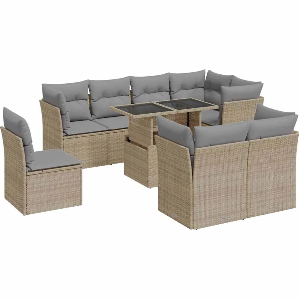 vidaXL 9-delige Loungeset met kussens poly rattan beige, foto 3