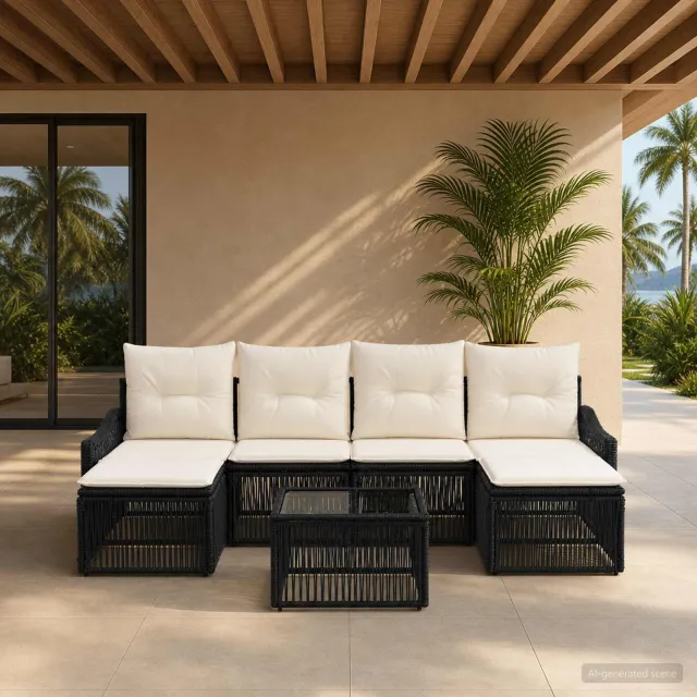 vidaXL Tuinbankenset 7 st Zwart poly rattan, foto 2