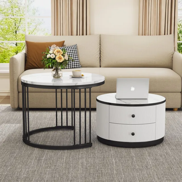 MEUNIQ Salontafelset van 2 ronde tafels 60 en 50 cm met hoogglans marmerlook, 2 lades en 30 kg draagvermogen per tafel voor woonkamer, wit en zwart