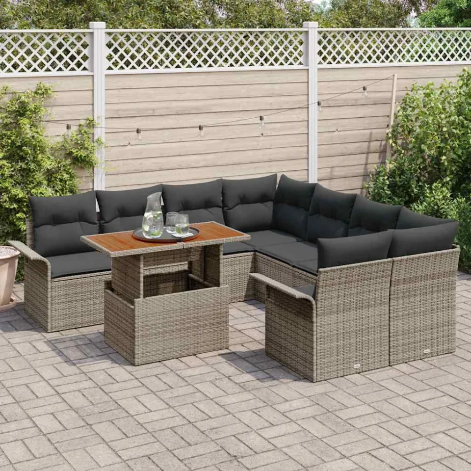 vidaXL Tuin Sofa Set 9 st Grijs Poly riet, foto 3