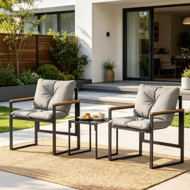 HAUSS SPOLE Stoel Loungeset – 2 Stoelen Met Tafel – Comfortabel Voor Balkon, Terras En Tuin – Metaal, Textiel En Glas – Zwart Grijs