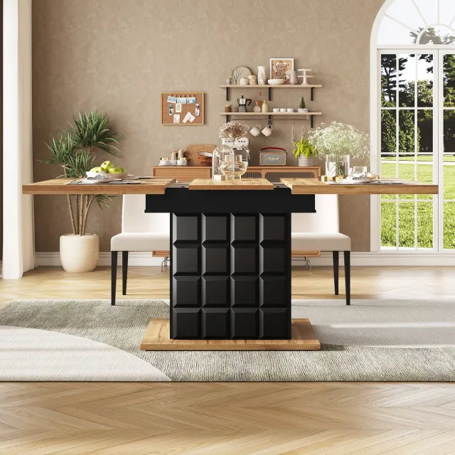 MEUNIQ Uitschuifbare eettafel 110-140 x 80 cm, rechthoekige tafel voor 4-6 personen met opbergruimte, MDF en metaal, keuken en woonkamer, zwart/naturel Black