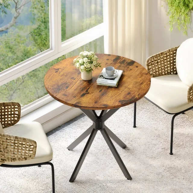 HAUSS SPOLE Ronde Eettafel - Industrieel Ontwerp Met X-Poot - Voor Keuken, Eethoek En Thuiswerkplek - Spaanplaat En Metaal - 80 x 75 cm - Bruin Zwart