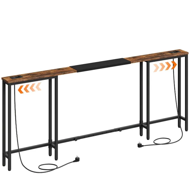 North Collective Wandtafel - I Breedte Verstelbaar - Console Tafel 200-160 x 15 x 80 cm - Industrieel Design met 2 Laadstations - Smalle Haltafel - Hout en Staal – Hal Woonkamer - Zwart