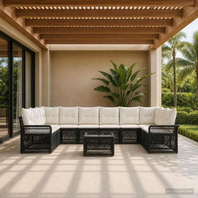 vidaXL Tuinbankenset 11 st 10-zits Zwart poly rattan, foto 2