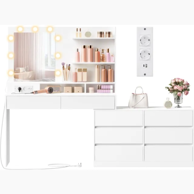 Vasagle Kaptafel - Make up Tafel - Kaptafel met Spiegel en LED-Verlichting - 8 Lades - 3 Planken - 3 Lichtkleuren Wolkenwit