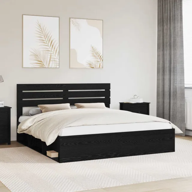 vidaXL Bedframe met hoofdeinde Zwart 200 x 200 cm Massief grenenhout