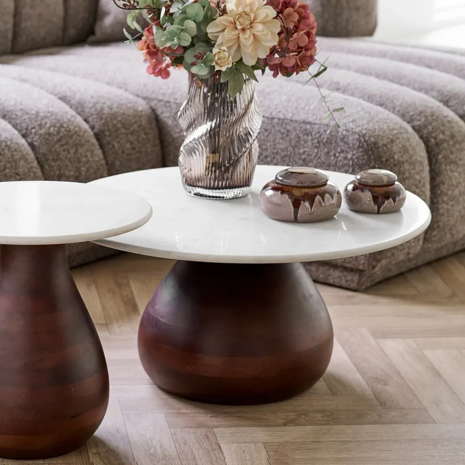 Artichok Herre houten salontafel bruin met wit marmer blad - Ø70, foto 2