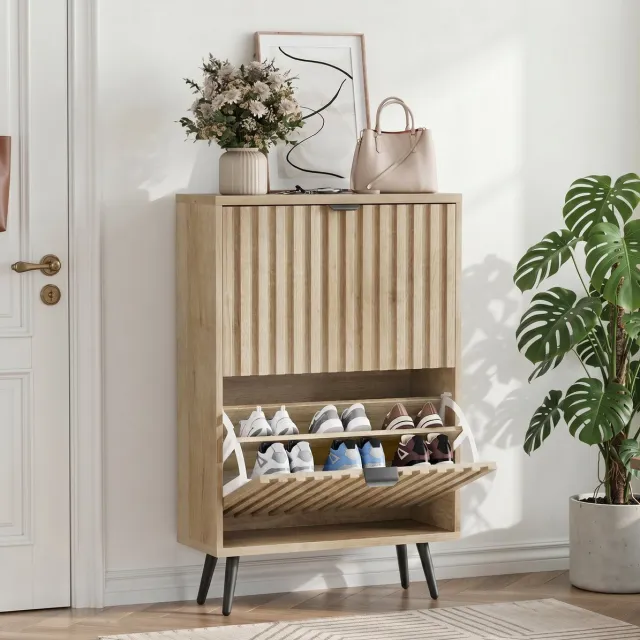 REDOM Staande schoenenkast - 60 cm breed - Twee kippvakken - Verstelbare tussenschotten - Mid Century Modern stijl - Hal - MDF en metaal - Eiken - 60 x 24 x 95 cm