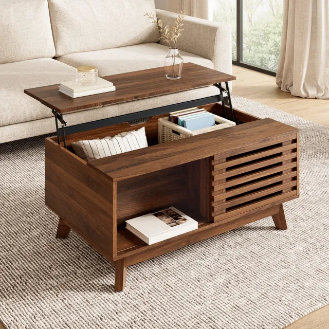REDOM Salontafel - Hoogteverstelbare tafelplaat - Verschuifbare jaloeziedeur - Opbergruimte - Retro stijl - Woonkamer - MDF - Walnoot - 90 x 55 x 57,5 cm
