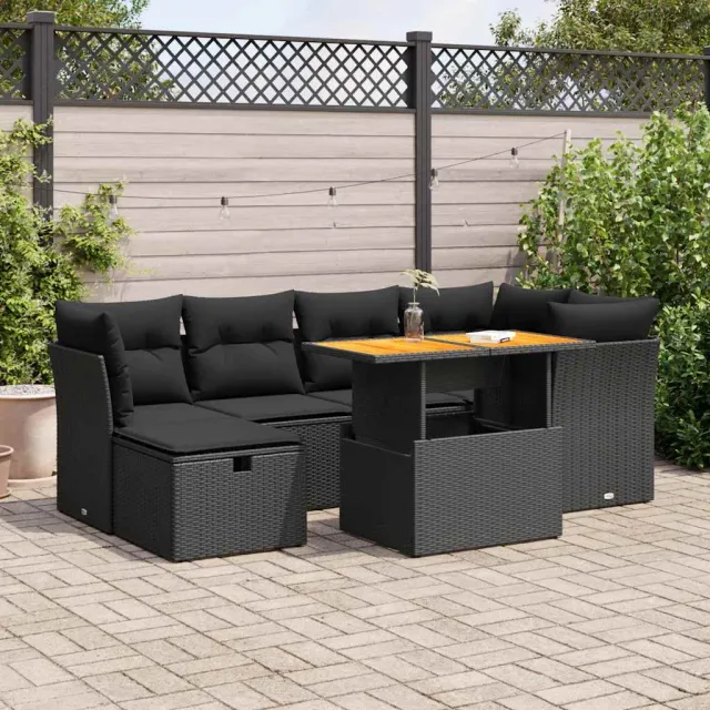 vidaXL 7-delige Loungeset met kussens poly rattan acacia zwart, foto 2