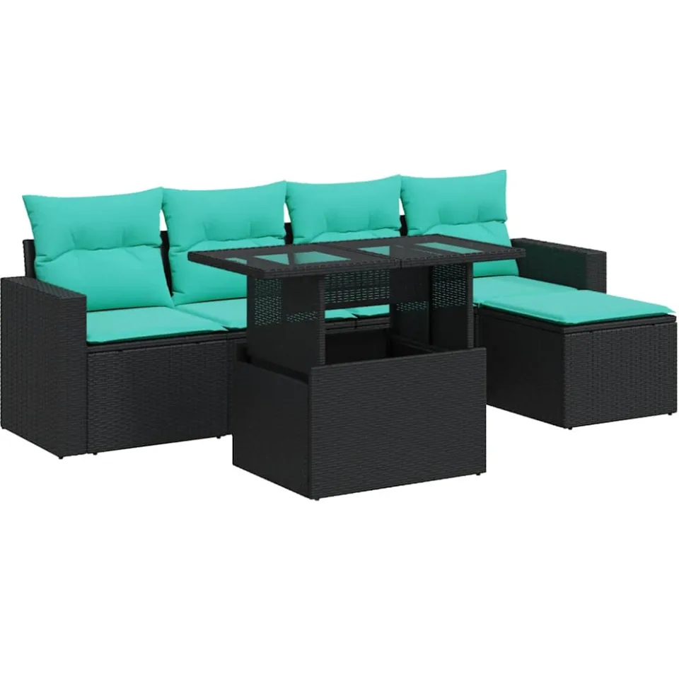 vidaXL 6-delige Loungeset met kussens poly rattan acacia zwart, foto 3