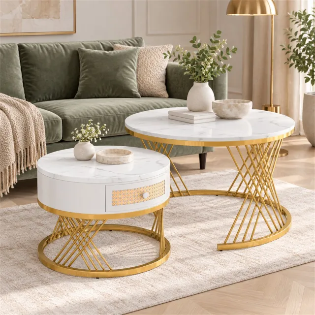 City long dragon LONG DRAGON – Salontafel – Set van 2 ronde tafels met marmerlook en lade – Wit – 70 × 70 × 45,5 cm