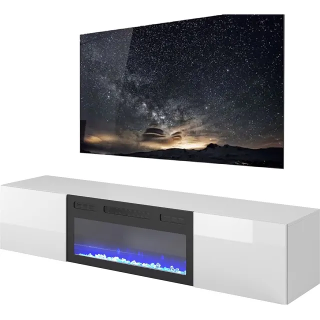 home style Zwevend Tv-meubel Livo 180 cm breed wit met sfeerhaard hoogglans wit