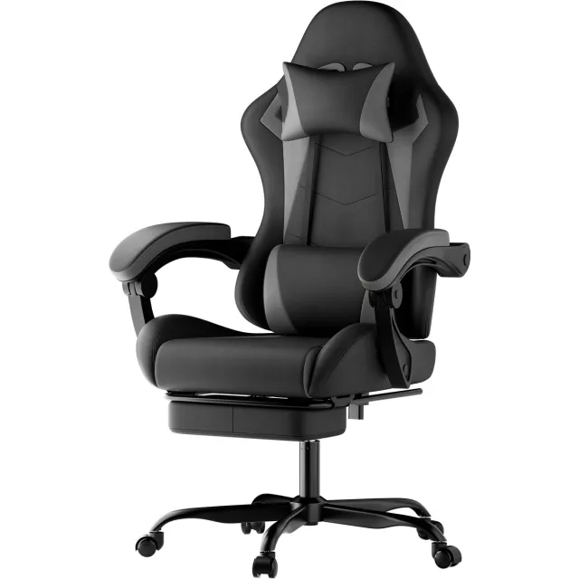 Ropilly Ergonomische Gamestoel - Gaming Bureaustoel - Met Voetensteun en Lendenkussen - 135 Graden Kantelbaar - Tot 136 kg - Voor Gamen en Werk - Zwart Grijs Zwart+Grijs