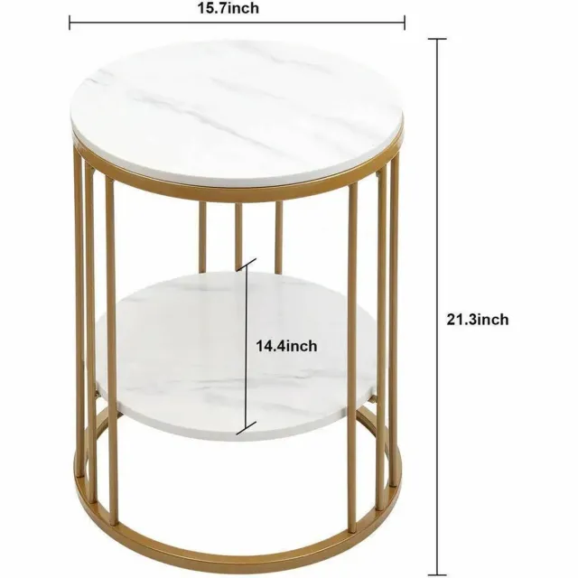 MyGroot 2 Laags Chique Gouden Wit Marmeren Bijzettafel - Ronde Salon Tafel - 40 cm rond - Stijlvol Nacht Kastje- Functionele Aanwinst voor Elk Interieur- Stevige Metalen Gouden Constructie Duurzaamheid & Stabiliteit- Dubbel Tafelblad Praktische Opbergruimte