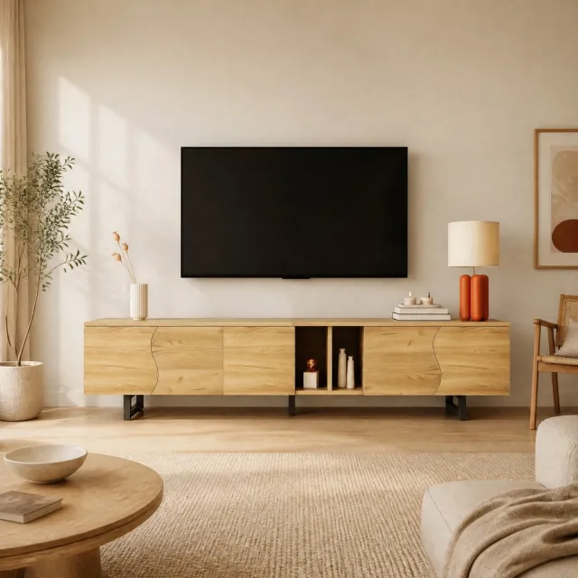 WUVRIE TV-meubel 191x38x46,5 cm - Open vak en gesloten opbergruimte - Naturel