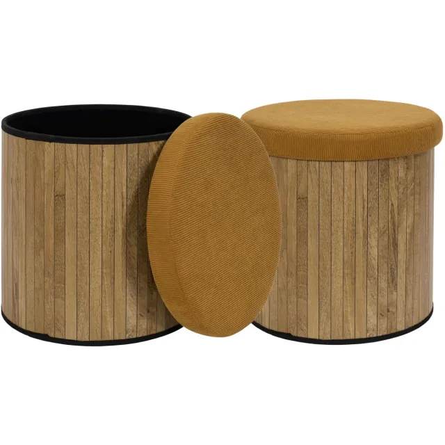 HOME DECO FACTORY Poef - 2x - heritage - geel - hout/polyester - 38 cm