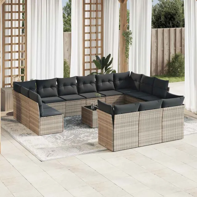vidaXL 14-delige Loungeset met kussens poly rattan lichtgrijs