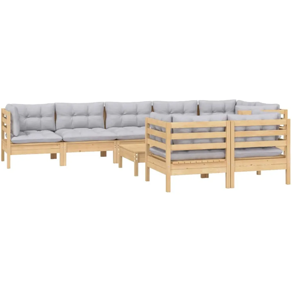 vidaXL 9-delige Loungeset met grijze kussens massief grenenhout Grijs