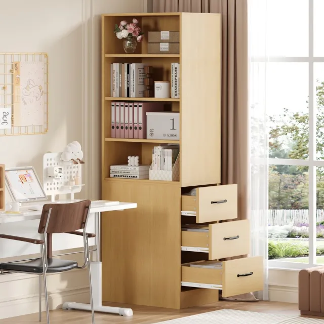 MIVRAY Boekenkast - Smal Opbergrek Met Zijladen - Voor Kleine Ruimtes En Woonkamer - Spaanplaat Eikenkleur - 60x38x180 cm
