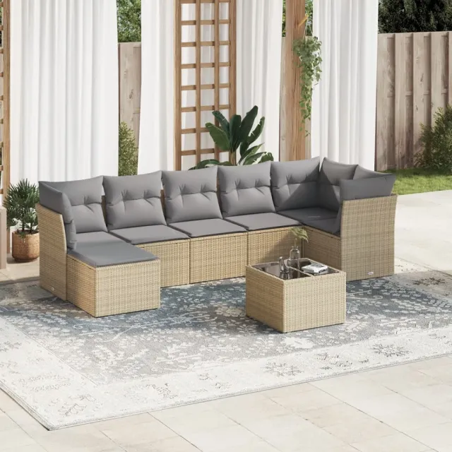 vidaXL 8-delige Loungeset met kussens poly rattan beige, foto 2