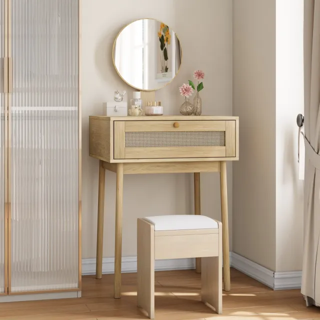 OKWISH Kaptafel - Met Spiegel En 1 Lade - Compact Voor Slaapkamer En Kleine Ruimtes - Bohemian Stijl - Eikenkleur - 60x50x128 cm Oak